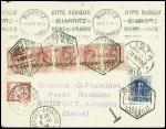 N°174 + 243 + 253, 2 pièces + 257, 2 pièces obl CAD rouge "Le Bourget port aérien" (20.10.29) sur lettre avec mention dactyl "Ouverture Paris Madrid direct" et signature du pilote Bédrignans (Muller n°244, vol d'essai). 