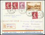 N°190 + 238, 3 pièces obl CAD noir "Le Bourget port aérien" (29.10.29) sur lettre ouverture Paris Madrid direct (Muller n°244). TB