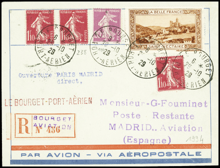 N°190 + 238, 3 pièces obl CAD noir "Le Bourget port aérien" (29.10.29) sur lettre ouverture Paris Madrid direct (Muller n°244). TB