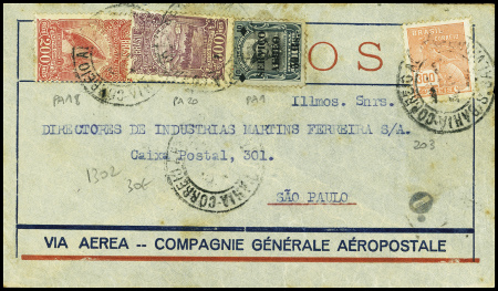 Brésil n°203 + PA1 + PA18 + PA20 obl Bahia sur lettre pour sao Paulo avec au verso grand CAD "Aero Postal Bahia" (5.4.1930). TB