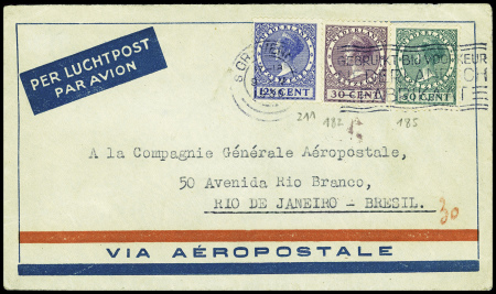 Pays Bas n°182 + 185 + 211 obl Sgravenhage (9.5.1930) sur env témoin pour Rio de Janeiro (traversée de l'Atlantique sud pour Mermoz - Dabry - Gimié) (M260). TB