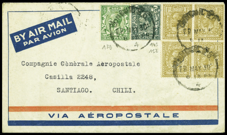Grande Bretagne n°139 + 143 + 152 en bloc de 4 obl London (10 mai 1930) sur env témoin pour Santiago du Chili, arrivée 15 mai. TB