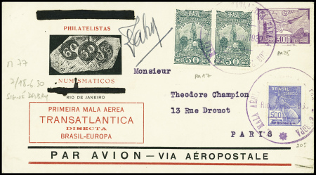 Brésil n°205 + PA17 en paire + PA25 sur env avec cachet rect rouge imprimé "Primeira mala aerea trasatlantica Brasil - Europa" avec signature de Dabry (Muller n°77 Brésil - Rio - Paris 7/18. 6. 1930). TB