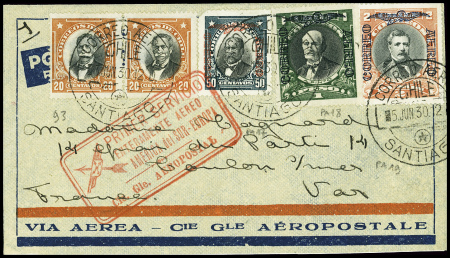 Chili n°93 en paire + PA &è à 19 obl Santiago (5.6.1930) sur env CGA avec cachet rect rouge "Primer servicio enteramente aereo America del Sur Europa" pour la France (M38 5/18. 6. 30). TB