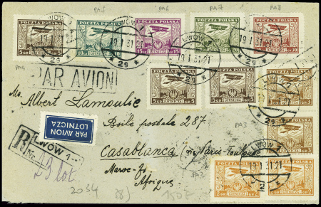 Pologne PA4, 3 pièces + PA2 et PA3 en paires + PA 5 à 8 obl Lwow 1 (19.1.31) par avion pour Casablanca transportée par la Lot et l'Aéropostale. RR et TB