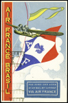 Brésil n°176 + 177 + 208 sur carte postale en couleurs Air France - Brasil avec erreur "Centenario da Travessia do Atlantico sul" au lieu de "Centesima travessia" avec légende erronée recouverte par étiquette bleue "Por 