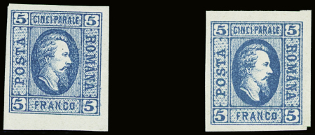 N°12 + 12a, 5p bleu, timbre normal et timbre avec papier