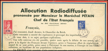 N°368 + 494 OBL hex pointillée "France européenne poste rurale" (3.11.41) sur affiche reprenant le texte de l'allocution radio diffusée du maréchal Pétain