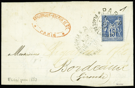 N°90 obl. CAD d'essai "Paris place de la Bourse" (1880 - diam 23mm) (De Beaufond  667) sur une petite lettre