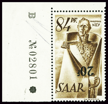 N°227a Surcharge renversée, pièce CDF haut gauche numéroté,