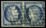 N°4c 25c bleu en paire TETE-BECHE obl. grille, SUPERBE,