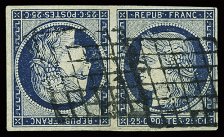 N°4c 25c bleu en paire TETE-BECHE obl. grille, SUPERBE,