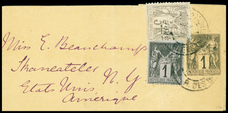 N°83 + 87 OBL Paris sur bande entier postal 1c Sage noir pour les USA. TB