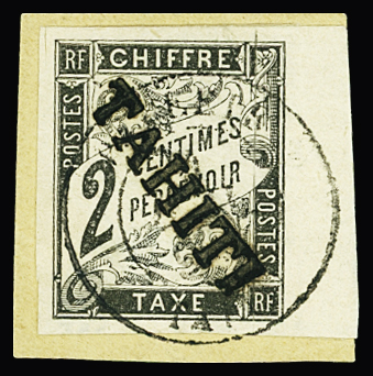 TAXE N°2 2c noir, obl obl bdf. sur fragment, TB. Signé