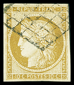 N°1 10c bistre jaune, obl grille, petit aminci, TB.