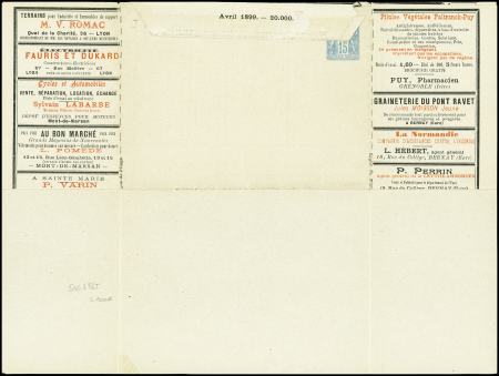 Env lettre annonces 15c Sage TSC avril 1899 (Sag J 86 T) avec pubs diverses dont Grenoble et Reims neuve. TB