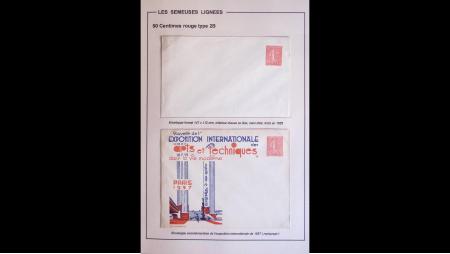 Album Safe bleu avec boitier de 36 pages : Timbres et lettres au type semeuse lignée, entiers postaux, 2 épreuves de luxe dont congrès BIT 1930 - FM 6