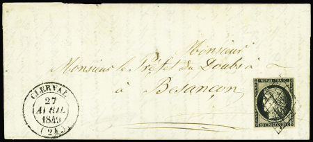 N°3 obl grille + T14 Clerval (24)" (1849) sur lettre ind 20. TB