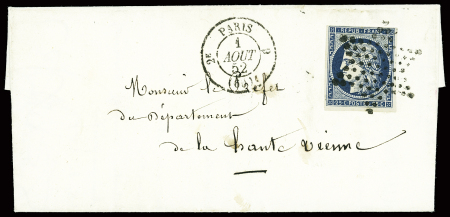 2 lettres : n°4 obl grille + T15 "Paris (50)" (1851) et n°4 obl étoile muette + CAD "2e Paris 6" (1852). TB