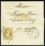 N°9 10c bistre, obl PC 2912 + T15 "Solgne (55)" (1854) sur lettre, signé Calves. TB