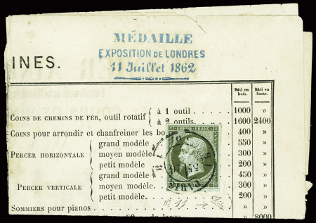 N°11 1c vert-olive obl Paris (1862) sur imprimé concernant les médailles de l'exposition de Londres. TB