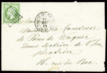 2 lettres de Paris AFF n°12, 5c vert (1859 et 1862) et n°12 obl PC 3472 + griffe encadrée rouge "Affranchissement insuffisant" et taxe 25c manuscrite.