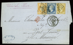 N°13 (court) +14+23 obl GC 2602 +T15 "Nantes (42)" (1864) sur lettre pour l'Ile Maurice (tarif du 1.7.1861). TB
