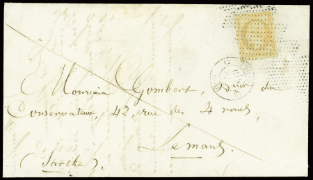 N°16 40c orange obl roulette accordéon de petits points noirs du bureau central + CAD "12 Paris 12 (60)" (1856) sur lettre du 2ème échelon pour Le Man