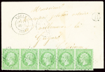 N°20 5c vert, bande de 5 obl GC 4328 + T17 "Voulx (73)" (11 sept 71) + boite ruraler B sur lettre. TB