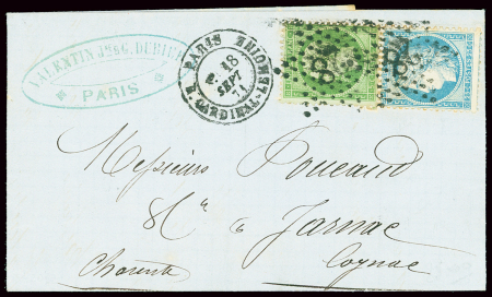 N°20 + n°60, 25c bleu, obl étoile 28 + CAD "Paris R.Cardinal Lemoine" (18 sept 71) sur lettre AFF à 30c au lieu de 25c (confusion enttre le n°37 et le