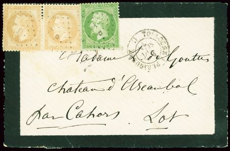 N°20+28 en paire obl losange de points "TP" + CAD ambulant de nuit "Toulouse à Périgueux C" (5 sept 71) sur une petite env de deuil. TB