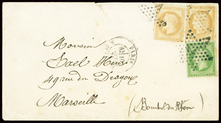 N°20 + 28 + 36 obl étoile 2 + CAD "Paris R. St Lazare" (10 sept 71) sur lettre, association rare. TB