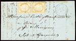 N°36 en paire obl PC du GC 4239 + T16 Villefranche de Belves (23) (29.7.1871) sur lettre