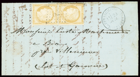 N°36 en paire obl PC du GC 4239 + T16 Villefranche de Belves (23) (29.7.1871) sur lettre