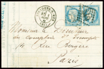 N°37 en paire obl GC 549 + T 17 Boulogne-s-Mer (1 sept 1871 - 1er jour du Tarif) sur lettre en double port. Rare et TB