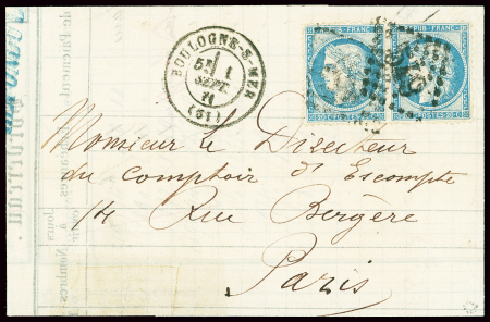 N°37 en paire obl GC 549 + T 17 Boulogne-s-Mer (1 sept 1871 - 1er jour du Tarif) sur lettre en double port. Rare et TB