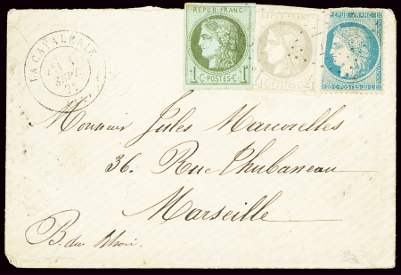 N°39 + 41 + 37 obl GC 789 + T17 "La Cavalerie (11)" (1 sept 1871 - 1er jour du tarif). TB