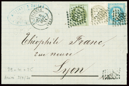 N°25 + 29 + 41 obl GC 2581 + T17 St Etienne (8 sept 71) sur lettre. TB