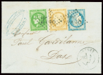 N°36 + 37 + 42 obl GC 2748 + T17 "Orthez (64)" (4 oct 1871) sur lettre. TB