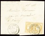 N°43 10c bistre, 2 pièces obl T17 "Decazeville" (10 juin 1871) sur lettre. Jolie pièce