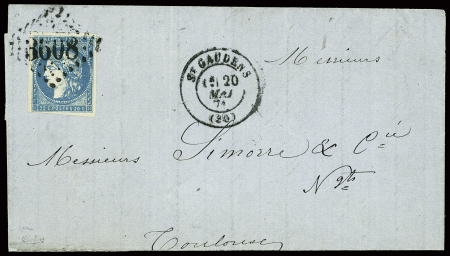 N°44 obl GC 3608 + T17 St Gaudens (30) (20 mai 1871) sur lettre. TB