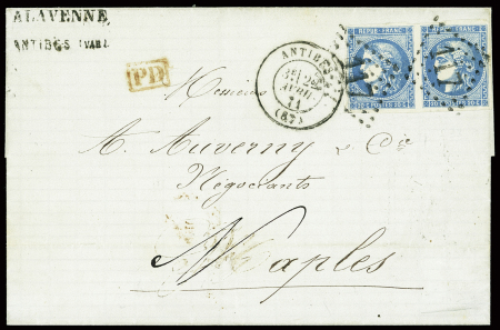 N°45 en paire obl GC 117 + T17 Antibes (87) (22 avril 1871) sur lettre pour Naples. TB