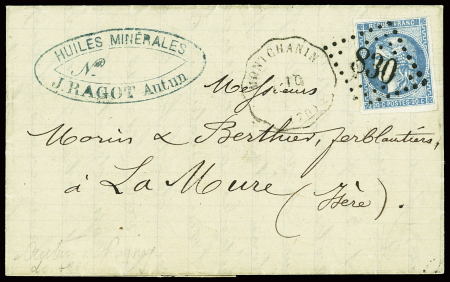 N°46 20c bleu type 3 report 2 obl GC 830 + CAD conv station "Montchanin (70)" (1871) sur lettre. TB