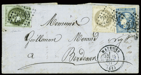 N°39 + 27 + 45 obl GC 2289 + T17 "Mayenne (51)" (16 sept 71) sur lettre. TB
