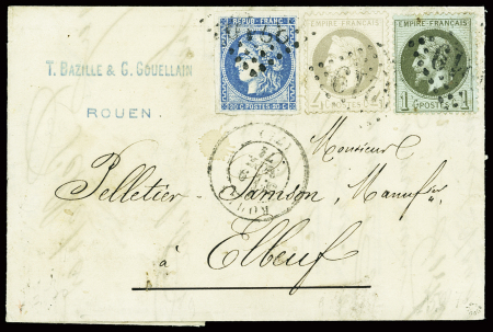 N°25 + 27 + 46 obl GC 3219 + T127 Rouen (9 sept 71) sur lettre. TB