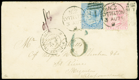 1876 Envelope from Lyttelton to SAINT-PIERRE ET MIQUELON