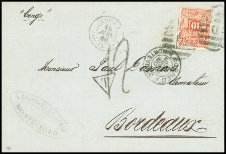 URUGUAY 1880, Lettre pour Bordeaux portant un 10 centimos