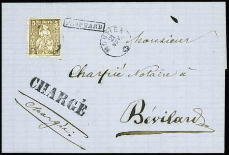 5C braun auf gebührfreiem Chargébrief von Moutier (21