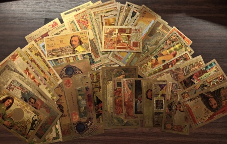 Lot de 76 billets polymère avec effet doré, en couleur