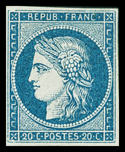 FRANCE : 1849 N°8b bleu foncé sur azuré, neuf sans